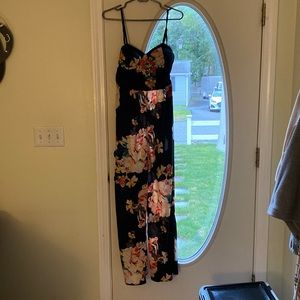 Lightweight floral jumpsuit worn for a wedding